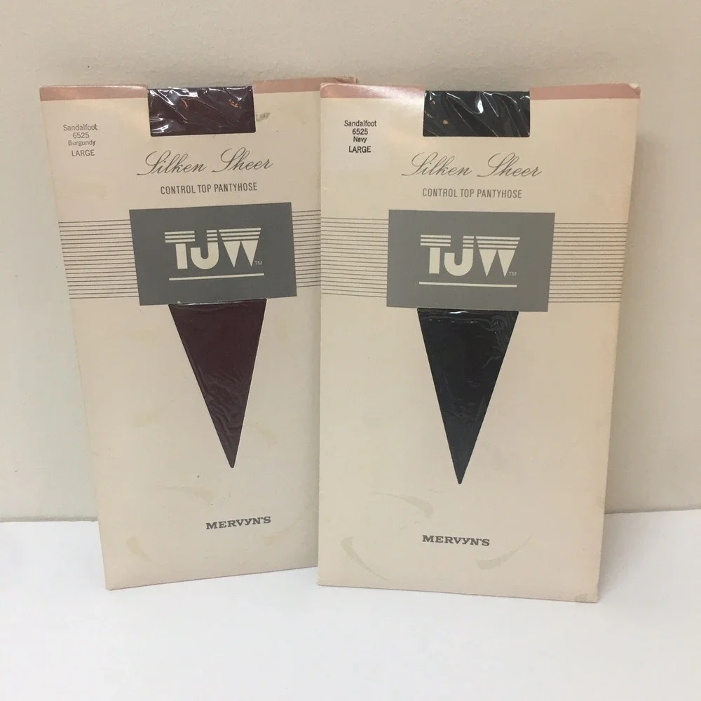 Vintage TJW Mervyn's Navy & Burgundy Pantyhose 2 Pair Lot Size Large Control Top